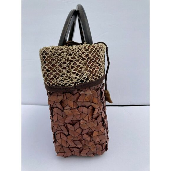 Woven ‘Basket’Lined Handbag w/ Wood Handles.Lined Drawstring Closure. 9.5x8.5x3. - Picture 5 of 8